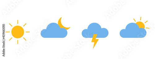Weather color icons set. Collection of modern flat symbols. Meteorology shapes. Climate forecast. Meteo pictogram for mobile app, web. Sun, moon, cloud, lightning templates. Vector illustration