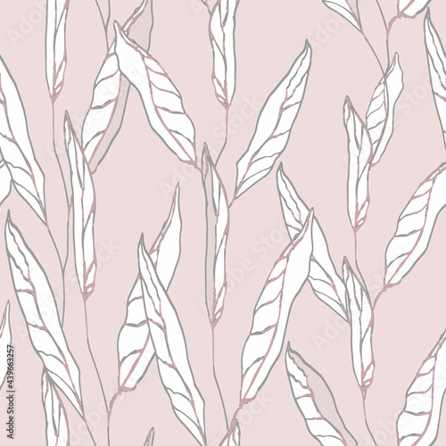 Seamless floral pattern. Simple curved white leaves pointing upwards. Muted pink background. Use for covers, factory prints on fabric, paper, packaging, backdrops, splash screens, postcards. EPS 10.