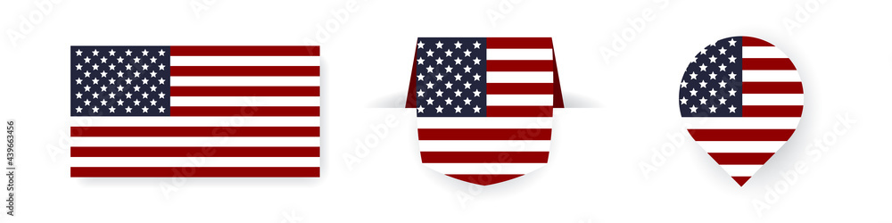 Obraz premium Flags of the United States of America. Label, point icon and simple flag. Vector illustration