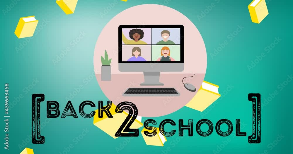 Animation of text back 2 school over falling books and computer video call in pink circle, on blue Animation of text back 2 school over falling books and computer video call in pink circle, on blue