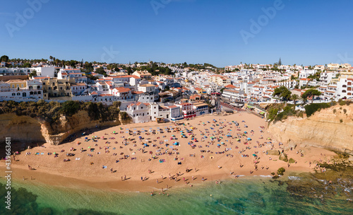 panorama of people on the beach in Algarve coast, Portugal 