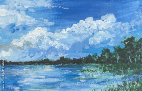 Hand painted illustration of rural landscape with lake and blue sky.