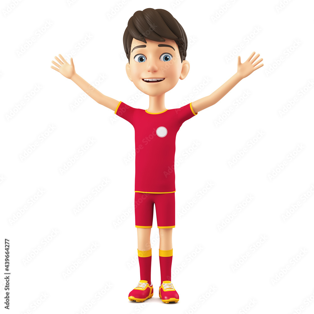 Cheerful cartoon character boy in sports uniform raised his hands up and celebrates victory. 3d render illustration. Cheerful cartoon character boy in sports uniform raised his hands up and celebrates victory. 3d render illustration.