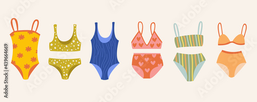 A set of women's underwears and swimsuits of different styles, cuts, colors, sizes. Women's clothing store. Vector flat illustration in cartoon style.