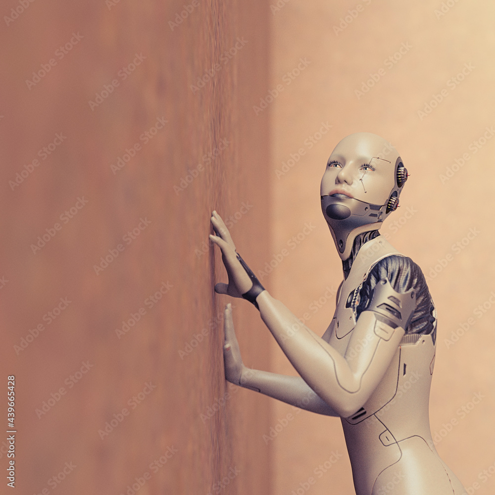 Futuristic female cyborg with hand on wall looking upwards in hope Futuristic female cyborg with hand on wall looking upwards in hope
