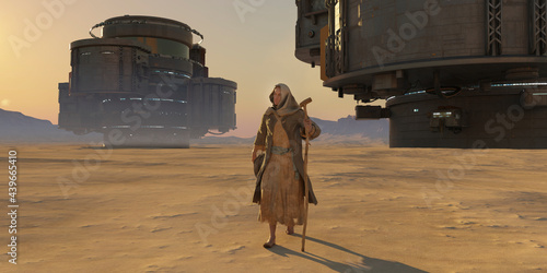 Futuristic desert landscape with sand and scfi structures and man walking with ragged clothes and a staff photo