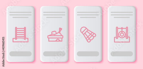 Set line Swedish wall, Sandbox with sand, Badminton shuttlecock and Car tire hanging rope. White rectangle button. Vector