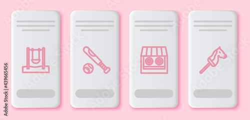 Set line Swing, Baseball bat with ball, Shooting gallery and Toy horse. White rectangle button. Vector