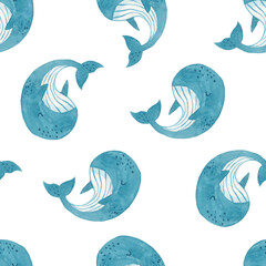 Fototapete Maritime Tiermuster Aquarell Wale Kindermuster Weiß  © ZHUKO