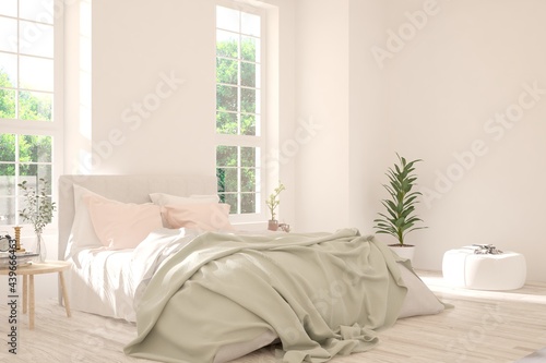 Stylish bedroom in white color with summer landscape in window. Scandinavian interior design. 3D illustration