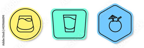 Set line Glass of whiskey, Shot glass and Coconut cocktail. Colored shapes. Vector