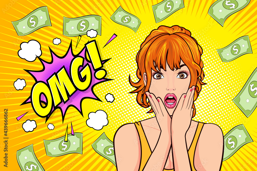 shocking woman say OMG hand up surprised with Falling Down Money