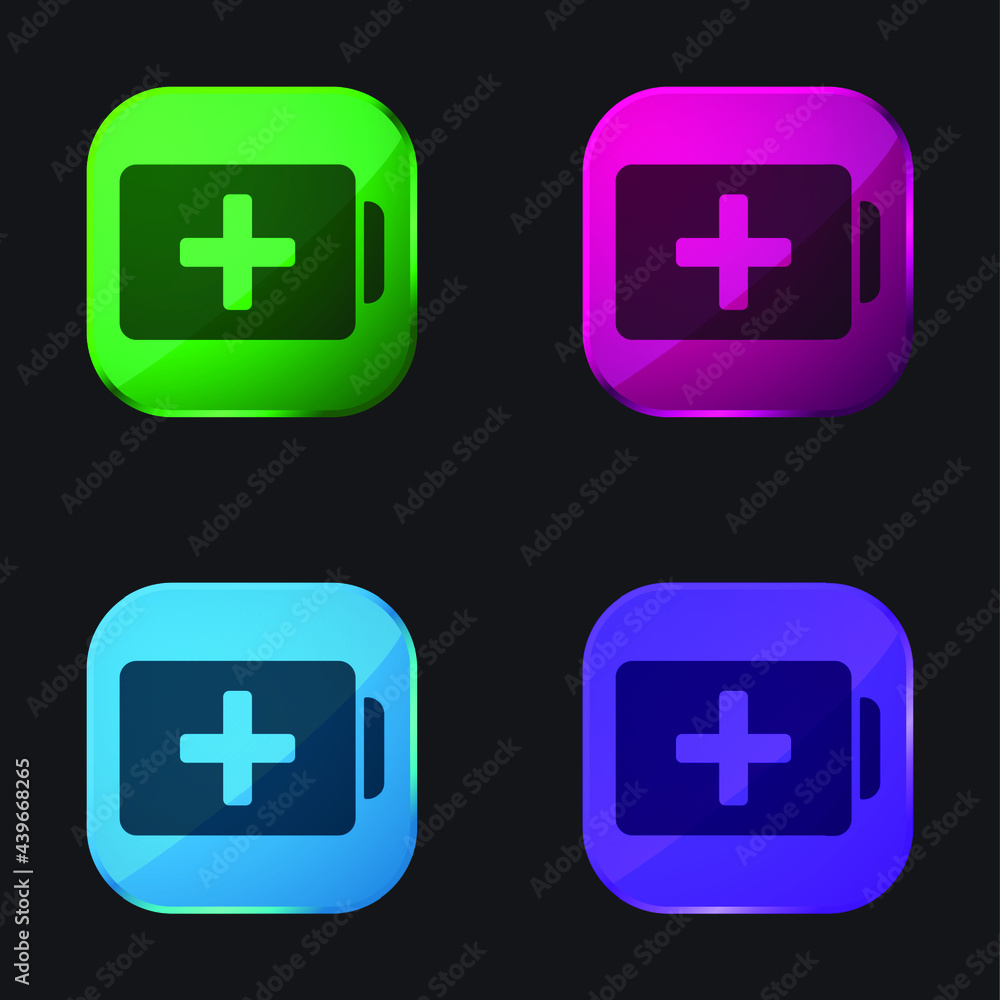 Battery With Plus Sign four color glass button icon Battery With Plus Sign four color glass button icon