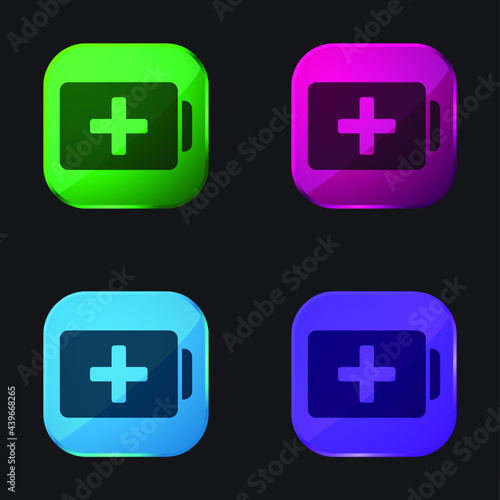 Battery With Plus Sign four color glass button icon