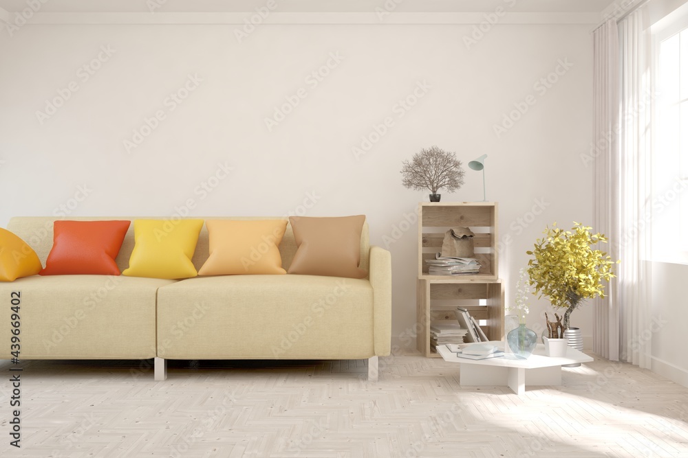 Fototapeta premium White living room with orange sofa. Scandinavian interior design. 3D illustration