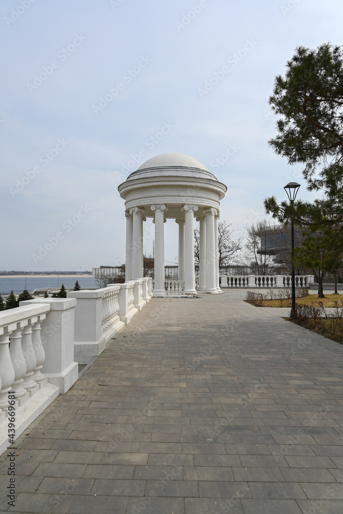 View of the Rotunda of the central embankment of the city of Volgograd named after the 62nd Army, bank of the Volga river.