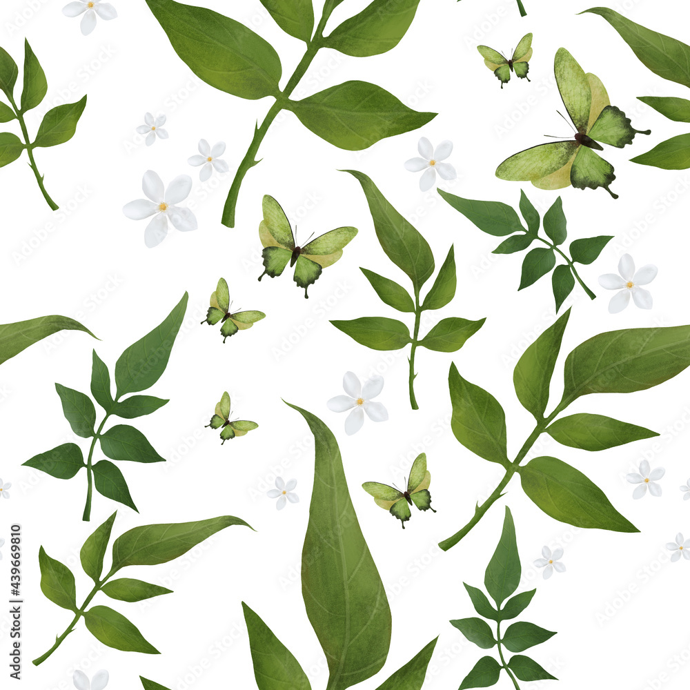 Floral pattern with realistic delicate flowers, butterflies and leaves, ingredients for herbal tea. Seamless botanical background in vintage style. Texture for fabric, paper