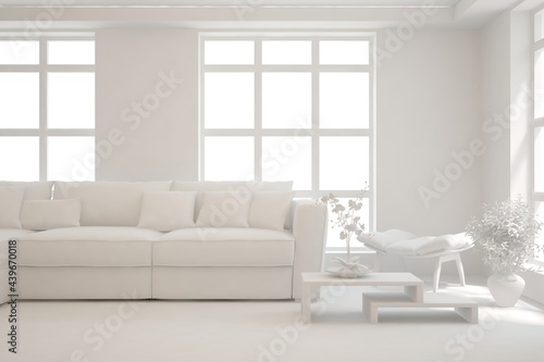 Mock up of minimalist living room in white color with sofa. Scandinavian interior design. 3D illustration