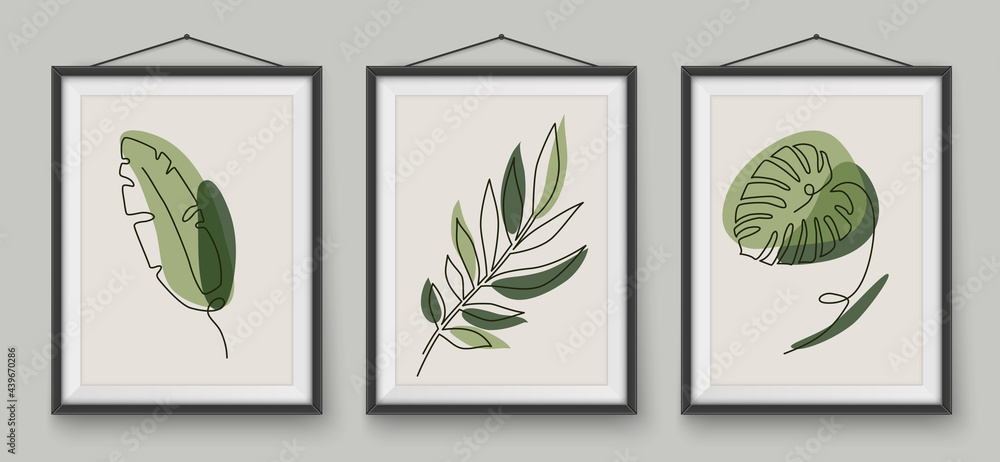 Tropical leaves one line drawing in realistic frames. Botanical plant line art in earth tone with geometrical shapes. Minimalist continuous line foliage drawing for card, poster, cover, wallpaper