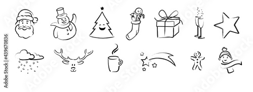 Set of cute hand drawn christmas cartoon icons