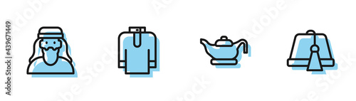 Set line Oil lamp, Muslim man, Shirt kurta and Turkish hat icon. Vector