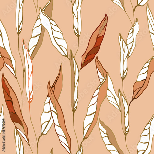 Abstract summer botanical pattern. Large variegated contrasting leaves on an orange background. The vertical direction of the drawing. Endless vector illustration. EPS 10.