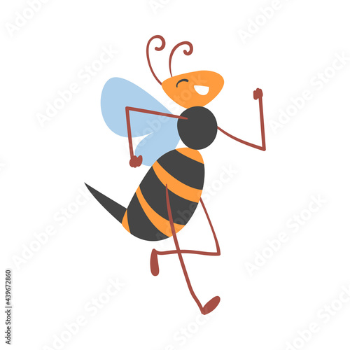 Cute Running Bee, Happy Smiling Funny Insect Character Cartoon Vector Illustration