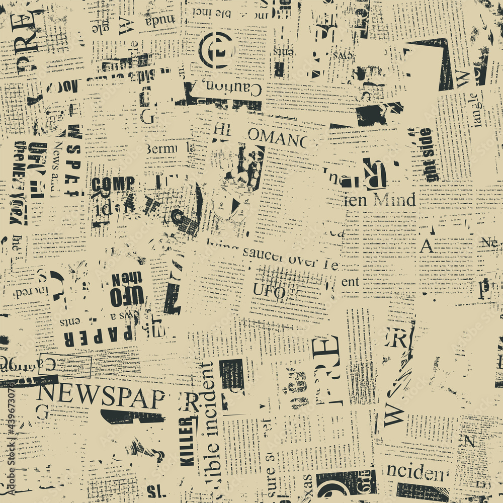 Abstract seamless pattern with a chaotic layering of illegible newspaper text, illustrations and headlines on an old paper backdrop. Monochrome vector background, wrapping paper, Wallpaper or fabric