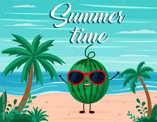 funny summer beach background with watermelon fruit character. Cartoon style. Summer time postcard