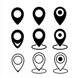 Set black icon of simple forms of point of location. Map pin icon, filled flat sign isolated on white. Location point symbol, logo illustration.