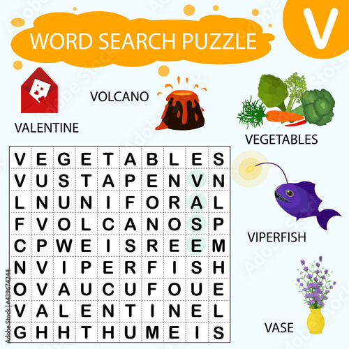 Vector educational game for kids. A puzzle for finding words starting with the letter V