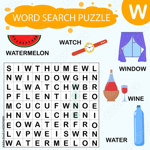 Vector educational game for kids. A puzzle for finding words starting with the letter W