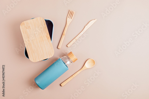 Zero waste kit for lunch  reusable bottle  box and bamboo cutlery