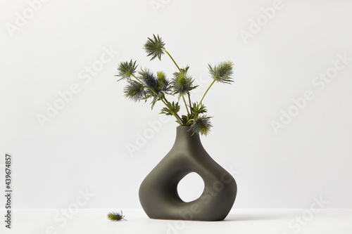 Green twigs in black ceramic vase photo
