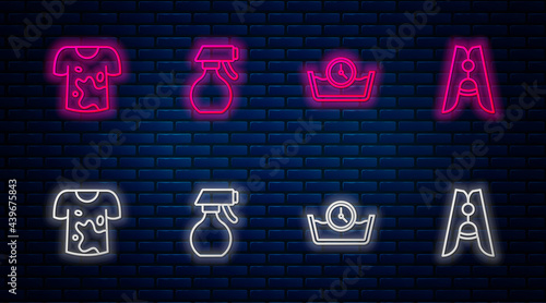 Set line Water spray bottle, Time wash, Dirty t-shirt and Clothes pin. Glowing neon icon on brick wall. Vector