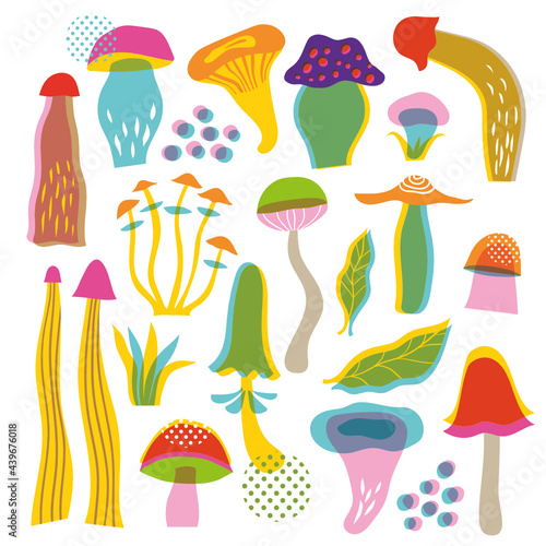 Set of mushrooms made in effect offset. Vector colorful  illustration