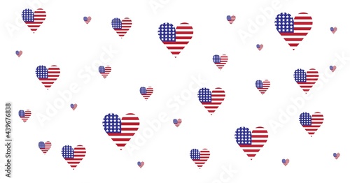 Composition of american flag heart shapes floating on white background