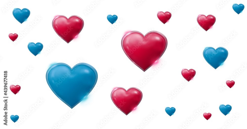 Composition of 3d red and blue hearts on white background