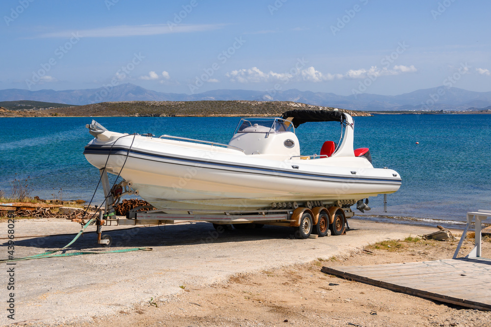 Motorboat on the seashore. The island of Paros. Cyclades Islands, Greece