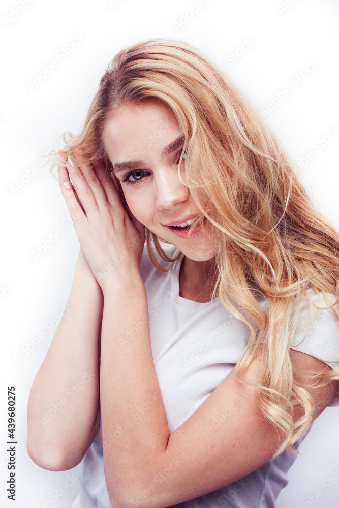young pretty stylish blond hipster girl posing emotional isolated on white background happy smiling cool smile, lifestyle people concept young pretty stylish blond hipster girl posing emotional isolated on white background happy smiling cool smile, lifestyle people concept