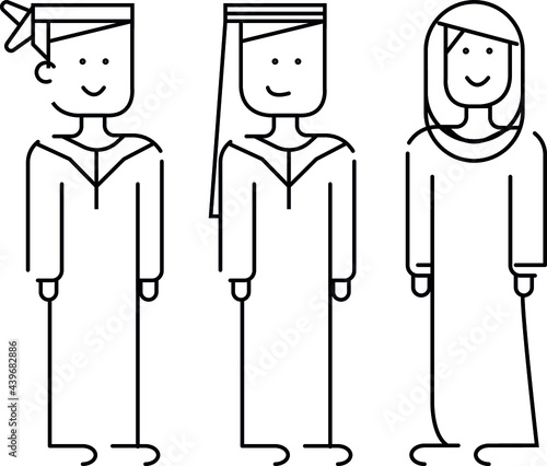 Arab businessmen and woemn line drawing standing together waiting for work hours. Arab middle east cloth kandura, thawb, robe, hijab. One draw design vector emarati uae man 