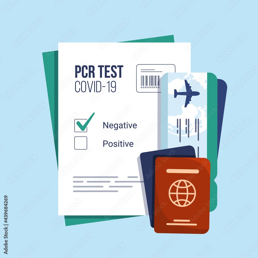 Negative result on PCR test for Covid19, passport with airline boarding pass tickets. Travel to