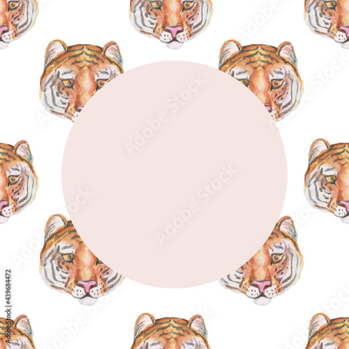 animals tiger wild cartoon face muzzle cute baby picture watercolor hand drawn illustration. Print textile vintage retro scandinavian style realism forest nature patern seamless