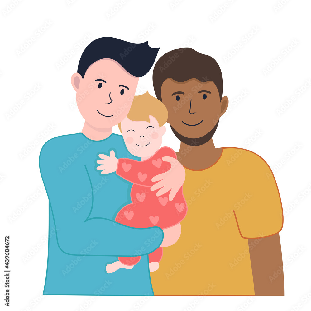 Vector illustration LGBT family. Two man and African American white and and child on hands.