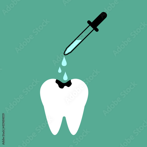 Tooth with pipette vector icon. Dentistry icon. Icon for instilling a tooth with a pipette with a medicine. Tooth treatment symbol. Tooth with medicine in flat style vector icon. Vector illustration.