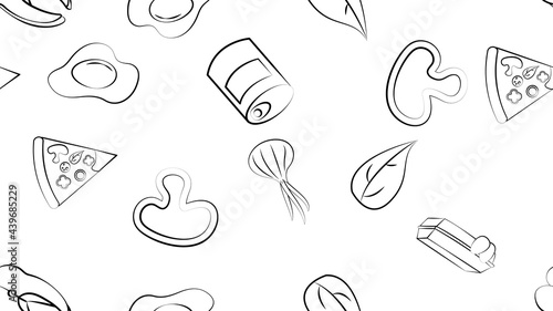 Black and white endless seamless pattern of food and snack items icons set for restaurant bar cafe  egg  mushroom  fish  canned food  onion  pizza  greens. The background