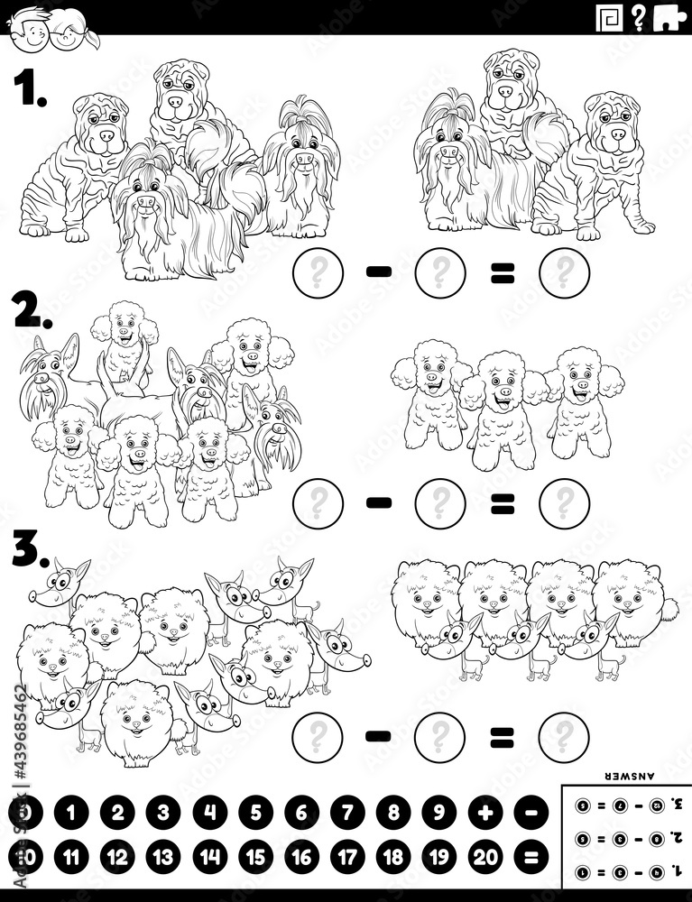 subtraction task with purebred dogs coloring book page