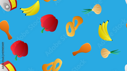 Endless blue seamless pattern of delicious food and snack items icons set for restaurant bar cafe: banana, canned food, onion, pepper, onion rings, chicken leg. The background