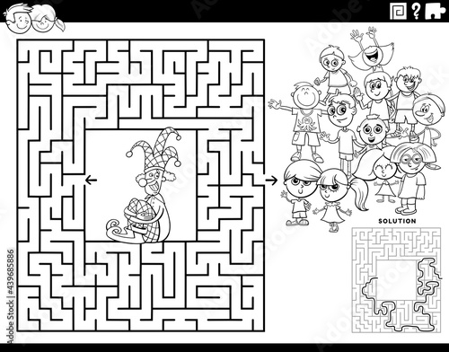 maze game with cartoon clown and kids coloring book page