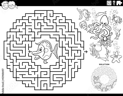 maze game with cartoon fish and sea animals coloring book page